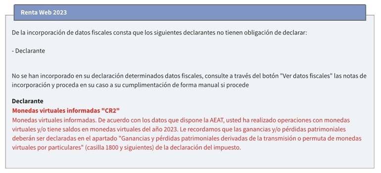 mensaje de criptomonedas que aparece al hacer la declaracion de la renta (monedas virtuales informadas CR2)