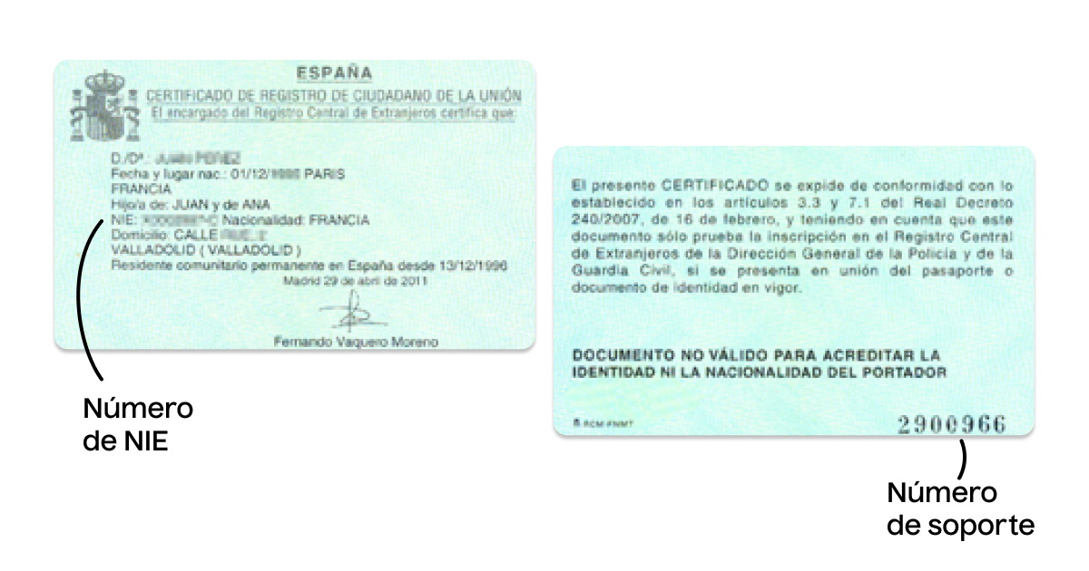 Certificado de registro de ciudadano con número de soporte del NIE