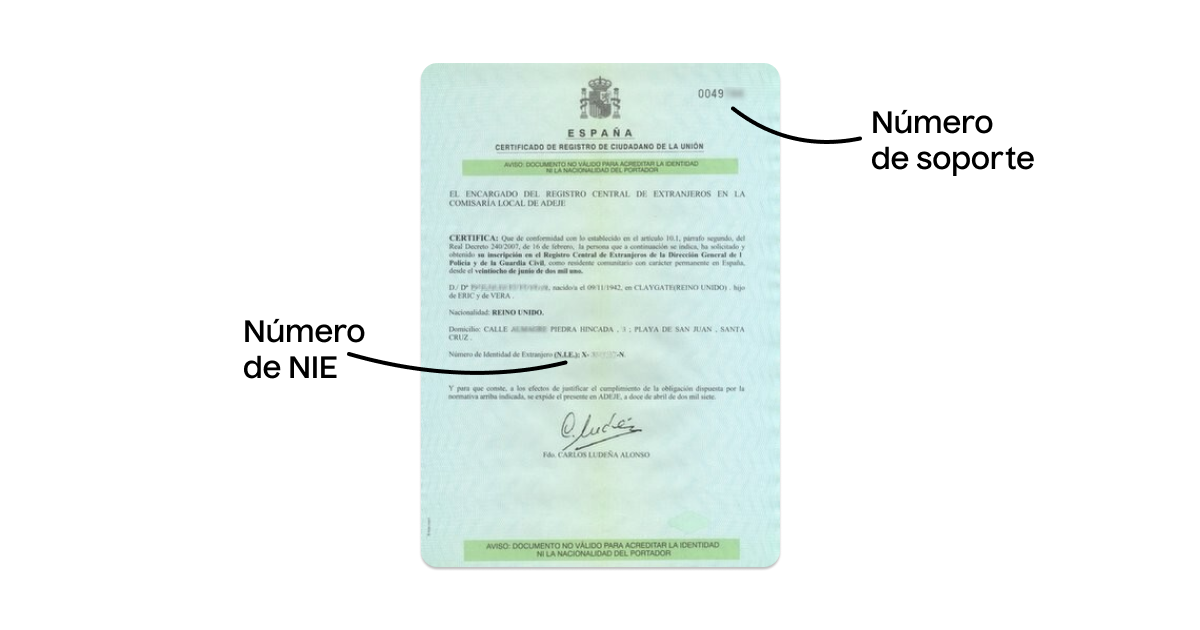 Certificado de registro de ciudadano antiguo con número de soporte del NIE