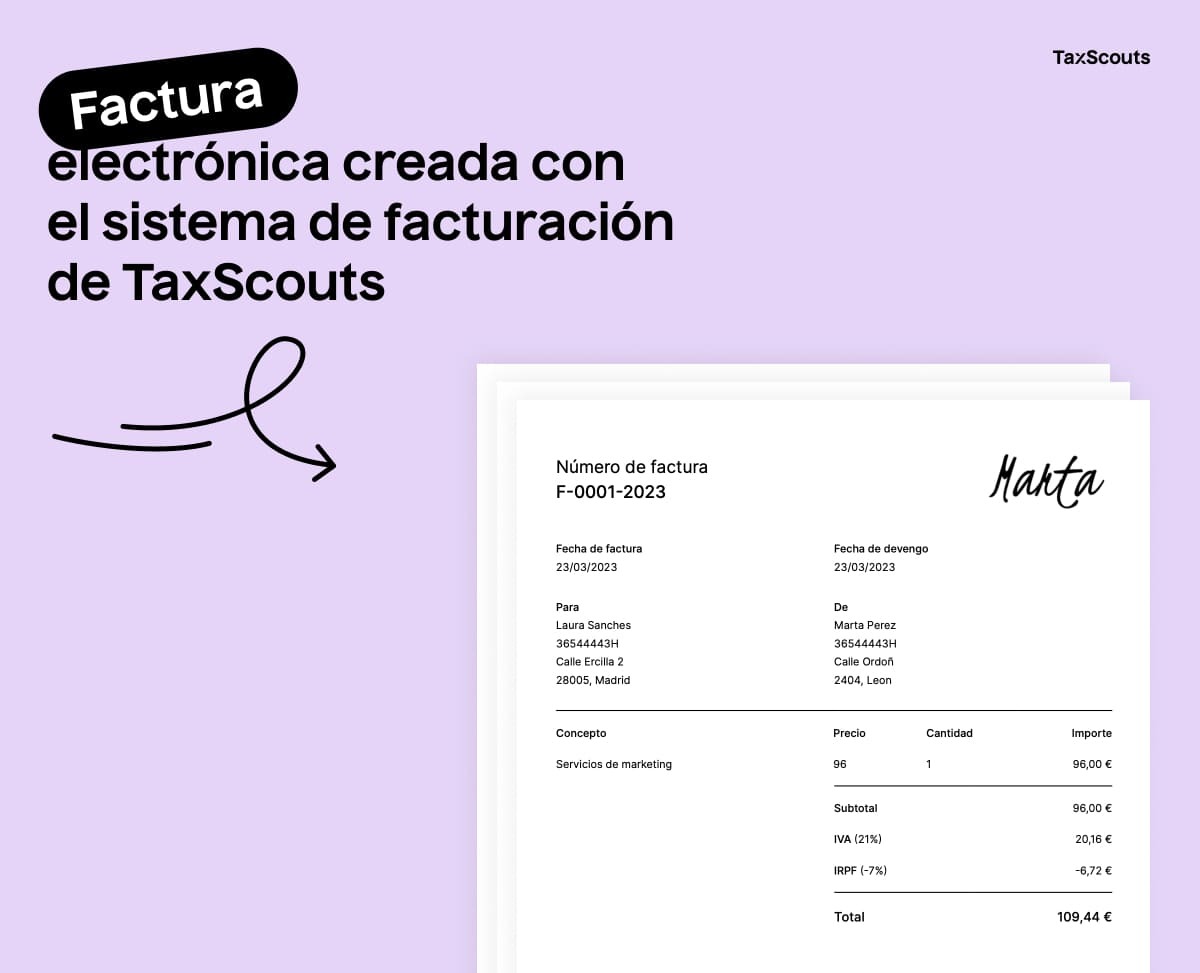 Ejemplo de factura electrónica creada con el sistema de facturación de TaxScouts