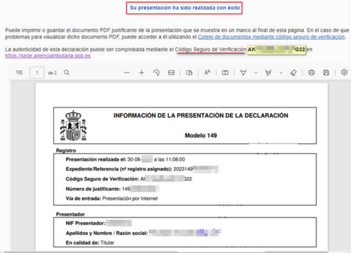 Justificante de la solicitud del modelo 149